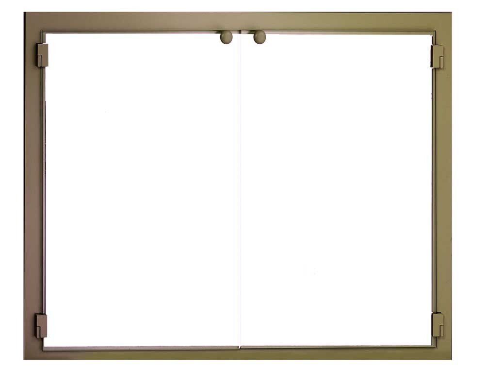 Bronze fireplace glass door with two hinged panels.