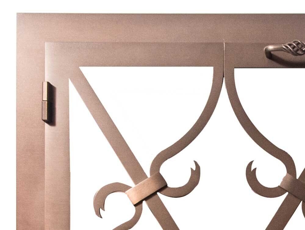 Bronze metal gate with ornate scrollwork and handle.