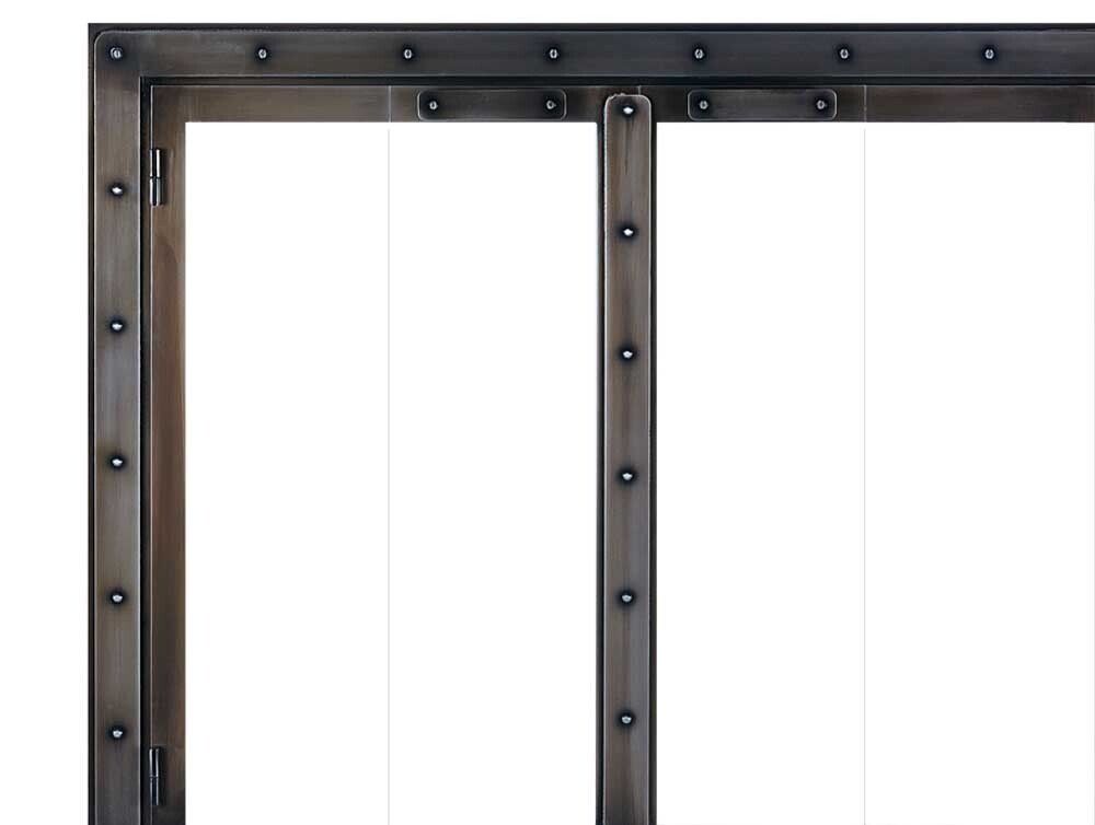 Metal framed window with rivets, clear glass.