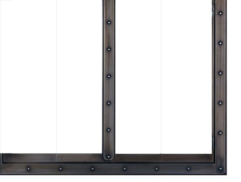 Metal-framed window with rivets, divided into three panes, on a white background.