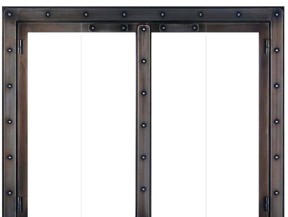 Steel-framed double window with rivets and dark, metallic finish, opened to a bright, white interior.