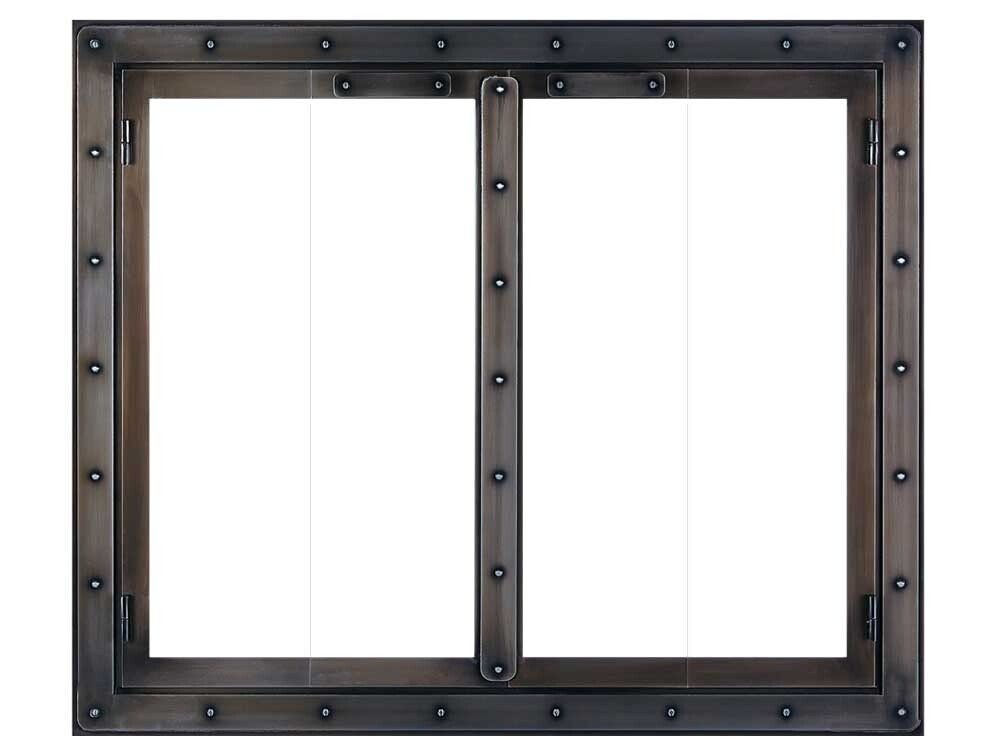 Metal-framed window with two clear glass panes, riveted trim, and a dark, industrial finish.