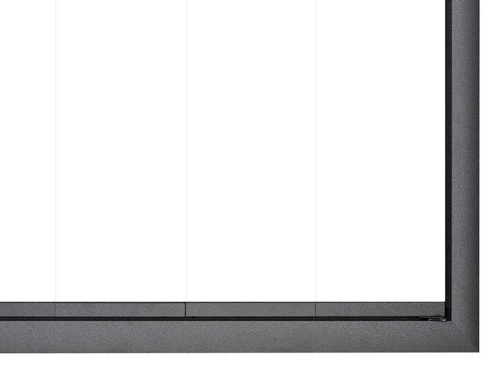 Corner of a black framed window with three vertical panes; white background.