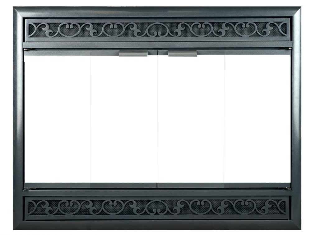 Dark gray fireplace glass door with ornate scrollwork detailing.