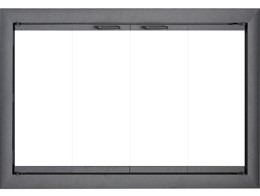 Fireplace glass door with a dark gray frame and two sets of glass panels, closed.
