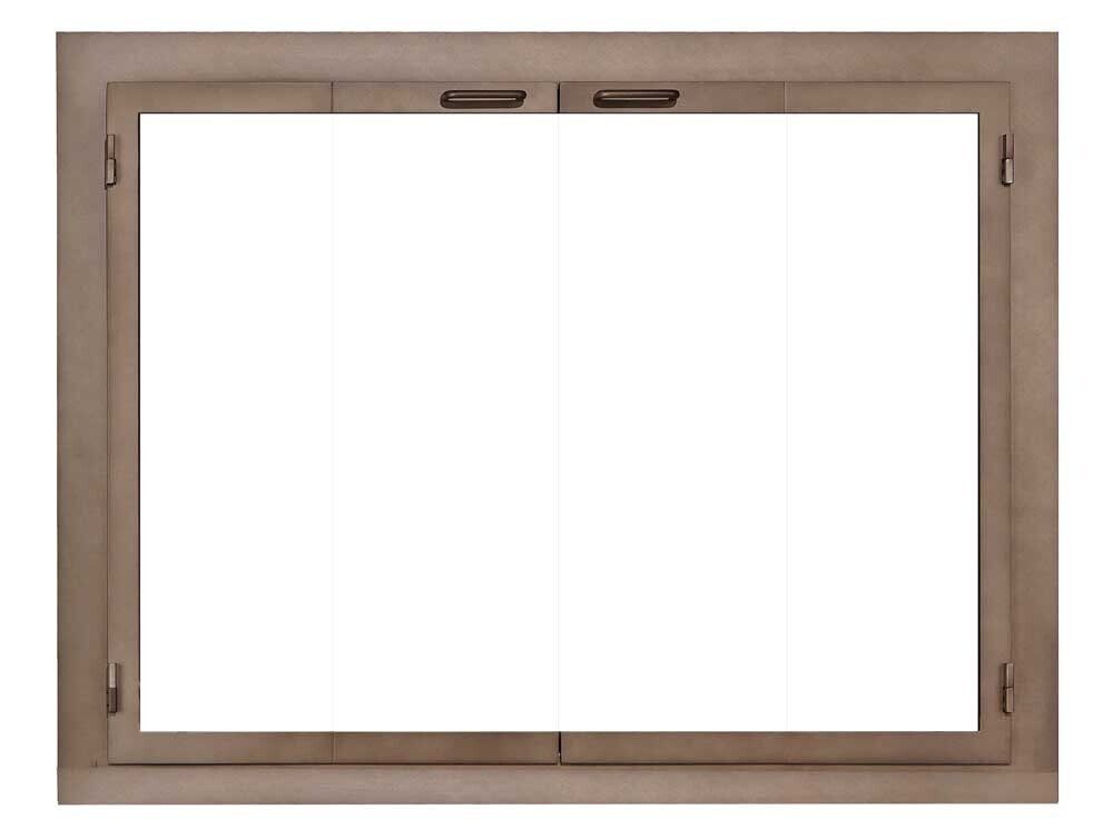 Fireplace screen with two glass doors in a bronze frame.