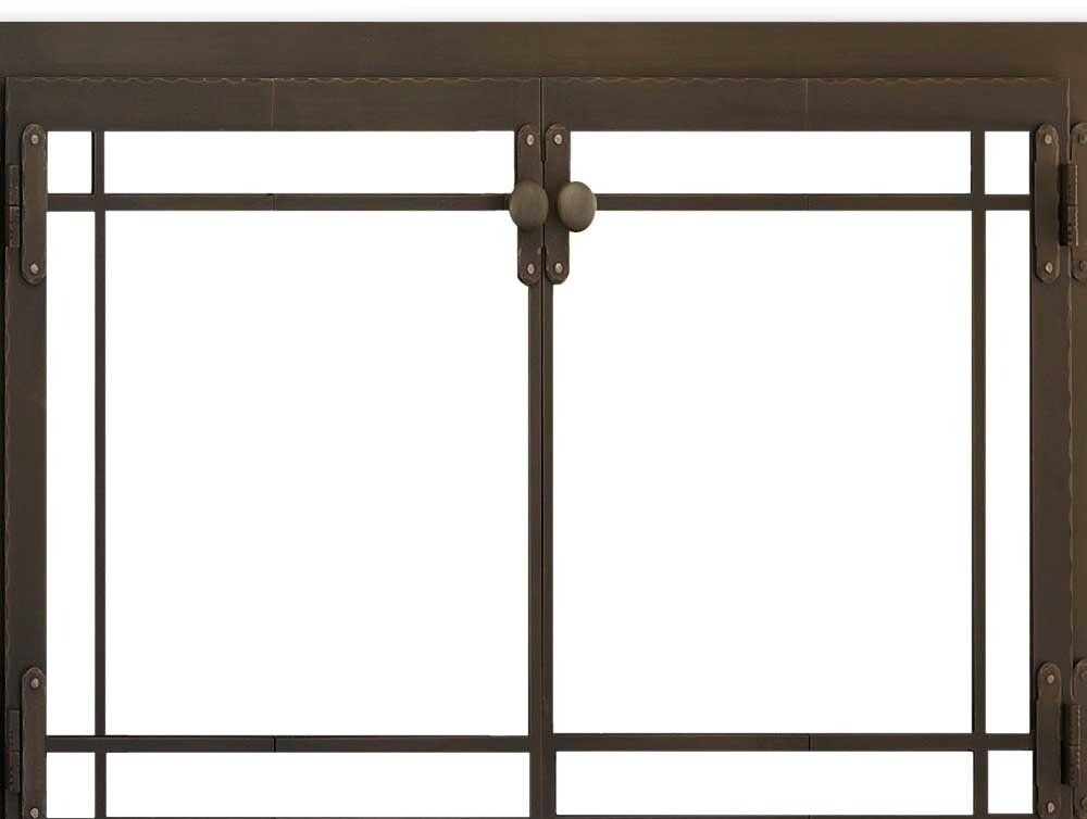 Bronze metal fireplace screen with two doors and rectangular glass panels.