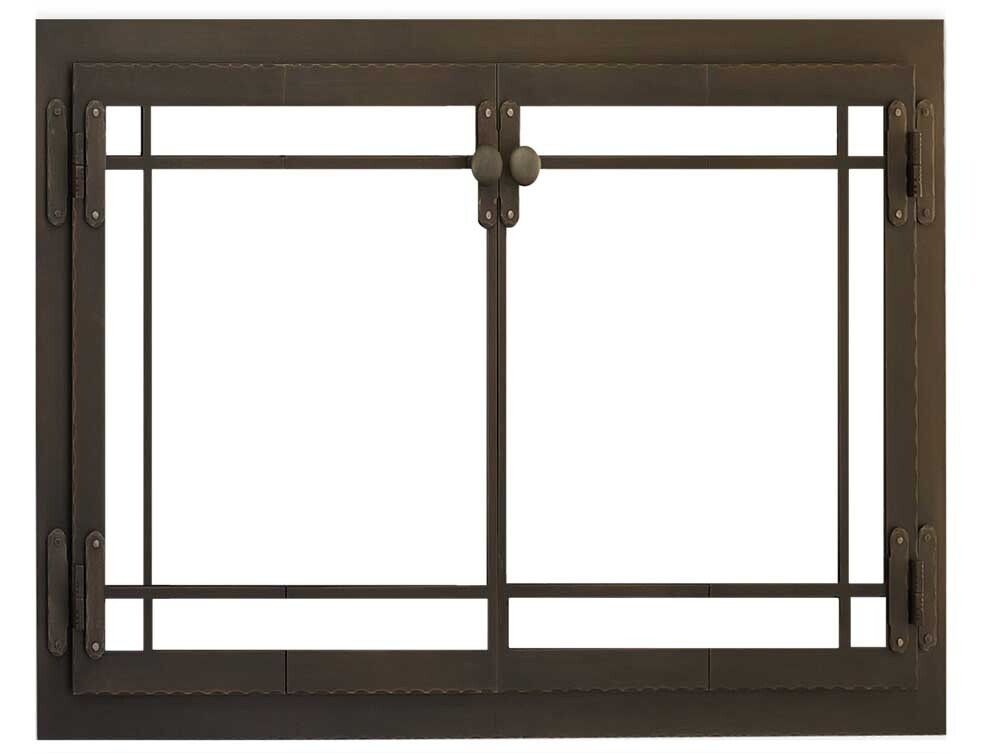 Dark bronze fireplace glass door with decorative metalwork and center latch.