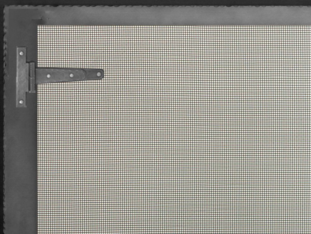 Black-framed screen door with a hinge, featuring a grid pattern mesh.