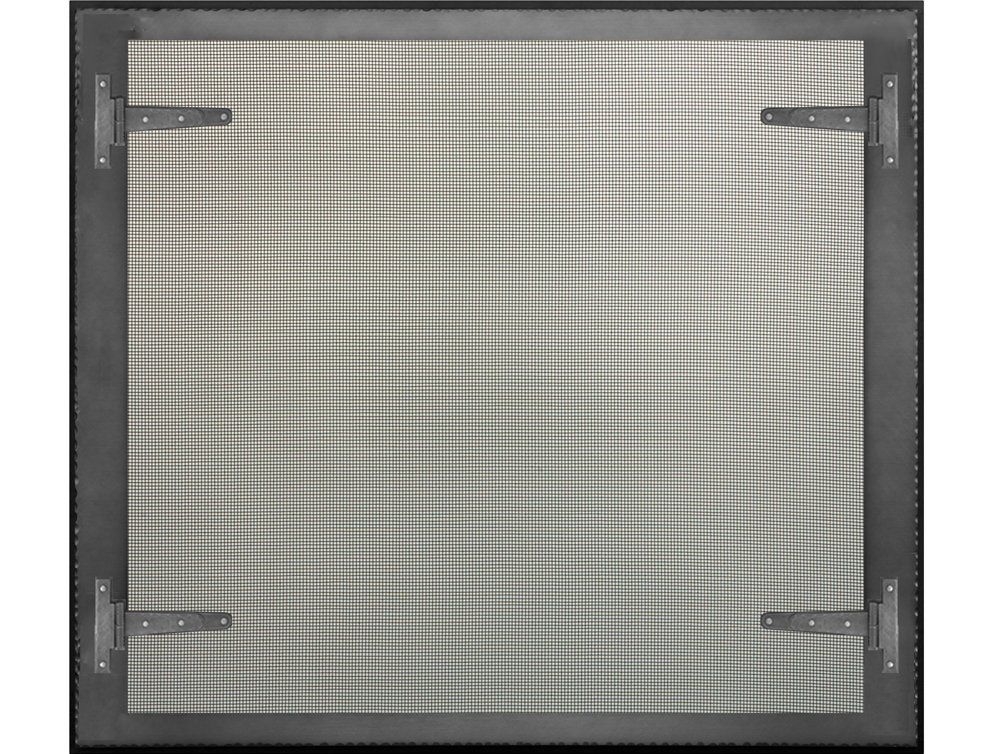 Square screen with plaid pattern, black frame, four hinges.