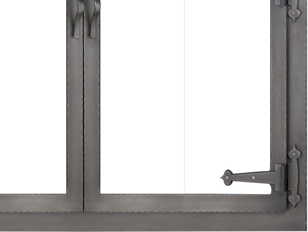 Gray metal-framed window with a hinge on the right and a latch on the left.