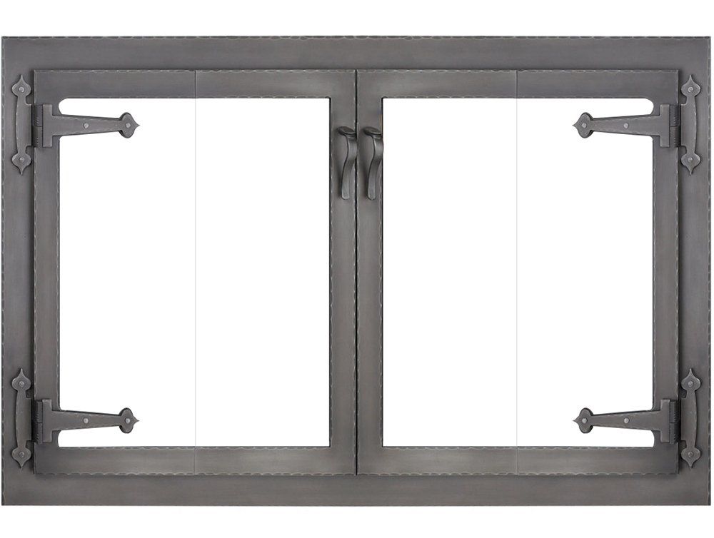 Gray metal fireplace door with two glass panels and decorative hinges.