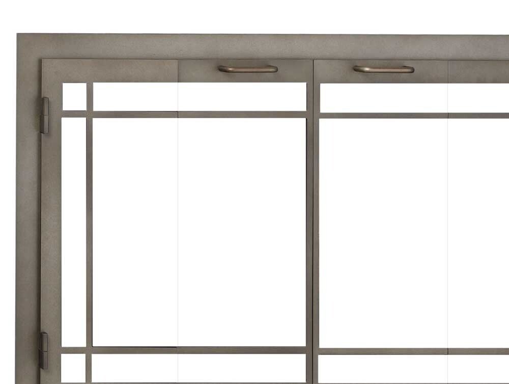 Window with metallic frame and grid pattern, with visible handles and hinges.