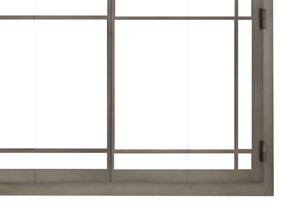 Gray metal-framed sliding window with white panes. Horizontal and vertical bars divide the glass.