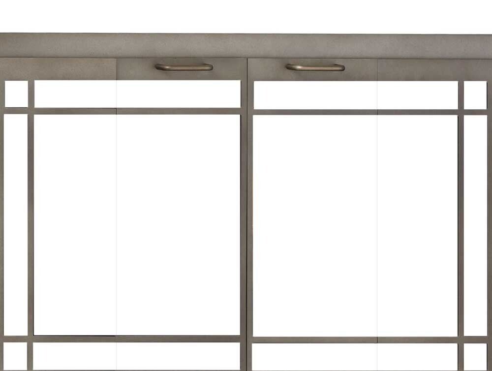 Gray cabinet with two glass doors, rectangular grid design, bronze handles.