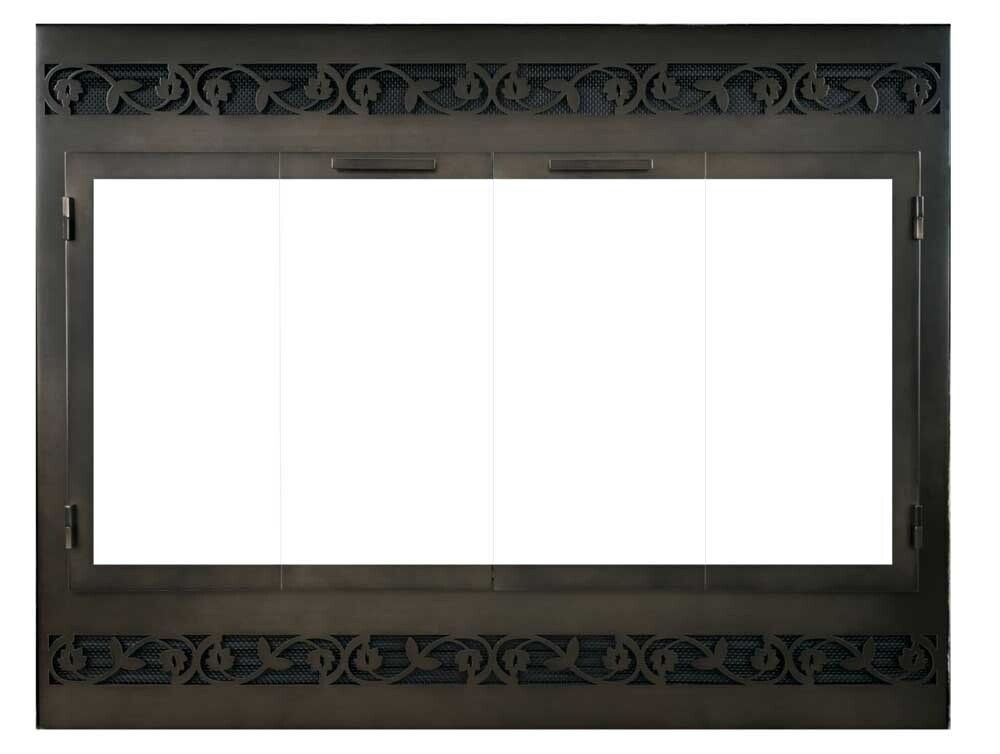 Bronze fireplace glass door with decorative upper and lower panels.