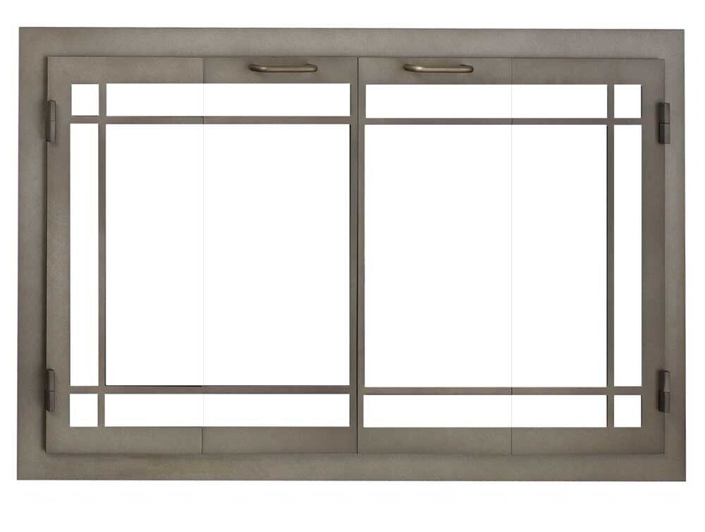 Fireplace glass doors with metal frame, handles, and grid design.