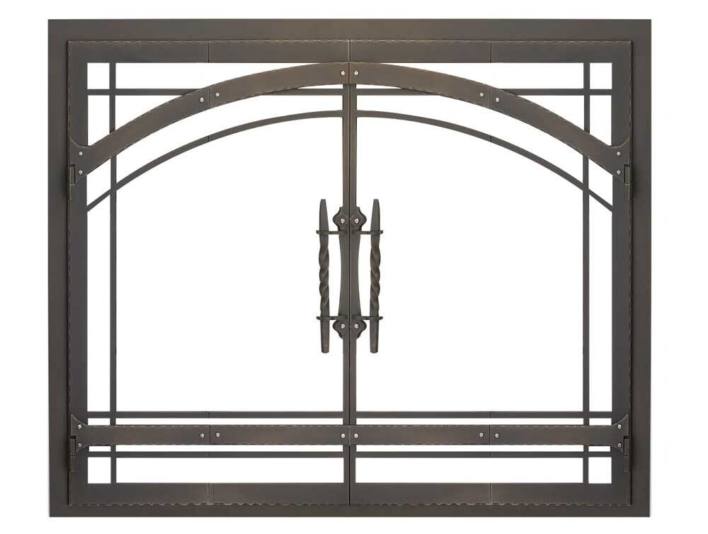 Dark metal fireplace screen with arched top and decorative center elements.