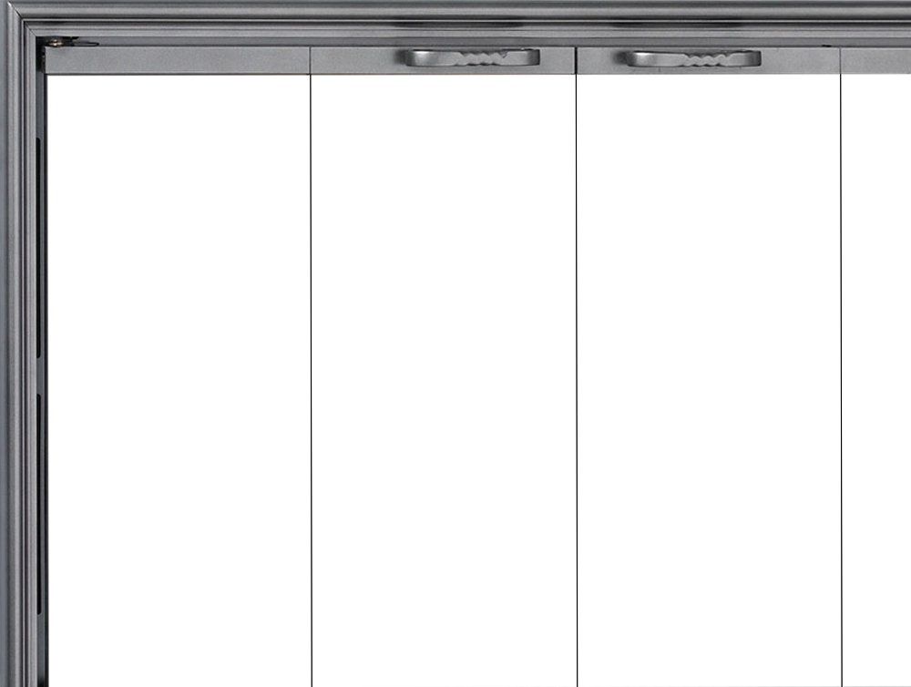 Silver framed glass doors with three panels, and metal handles.