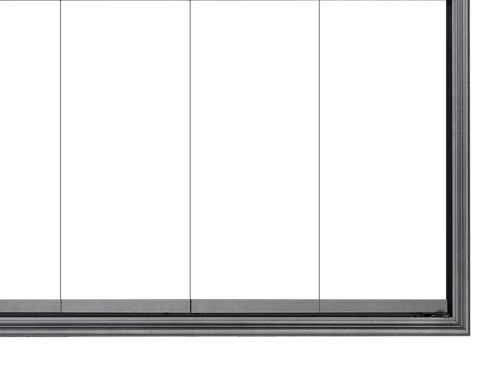 Partially visible section of a gray framed window with three clear glass panels.
