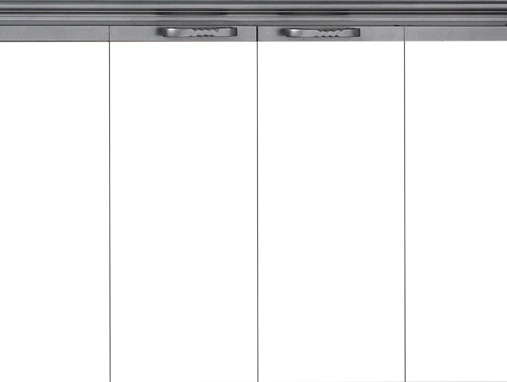 Four white cabinet doors with silver handles.