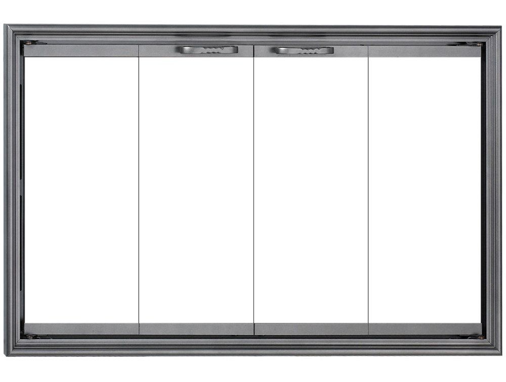 Silver fireplace door with four glass panels.