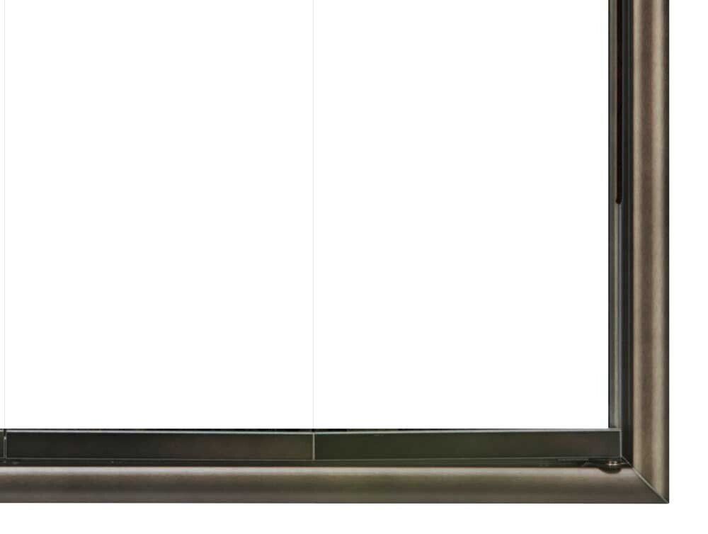 Bronze-framed sliding window with white panes.