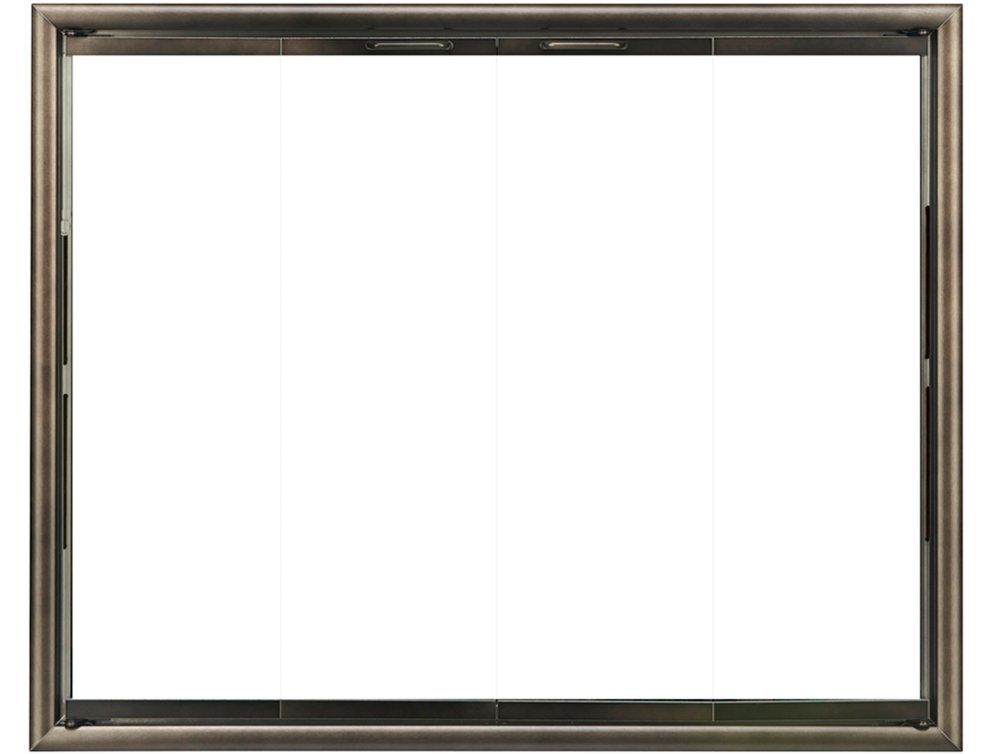 Fireplace glass screen with a bronze metal frame.