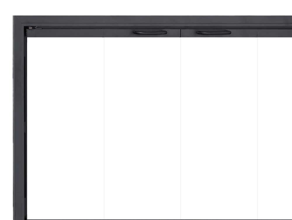 Black fireplace screen with four glass panels and two handles.