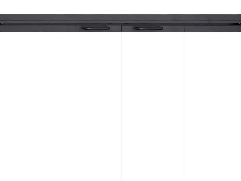 Dark-framed glass doors with black handles, a rectangular top, and visible vertical lines suggesting sections.