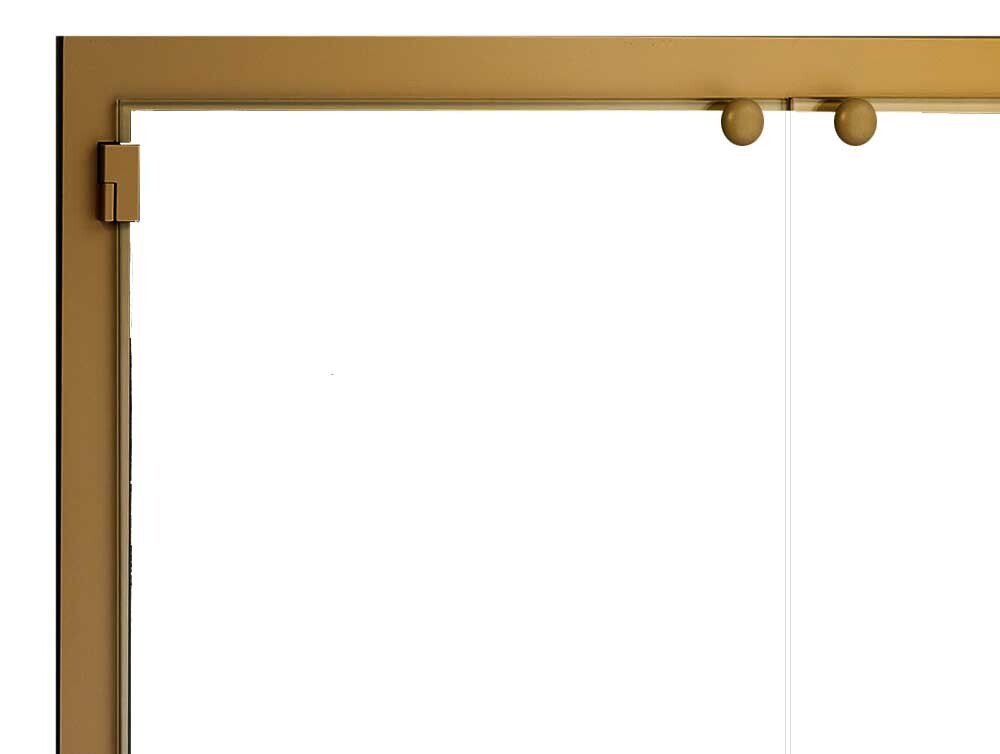 Gold-colored door frame with glass panel and round hardware.
