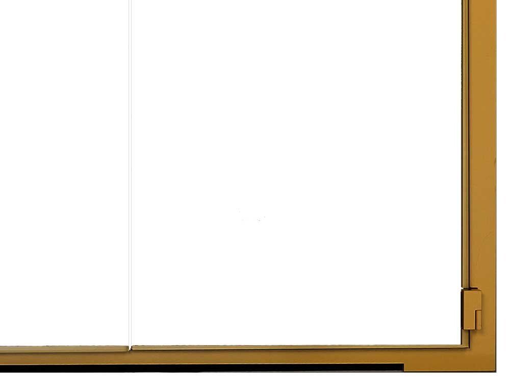 Gold-framed sliding glass door partially open, with white space visible.