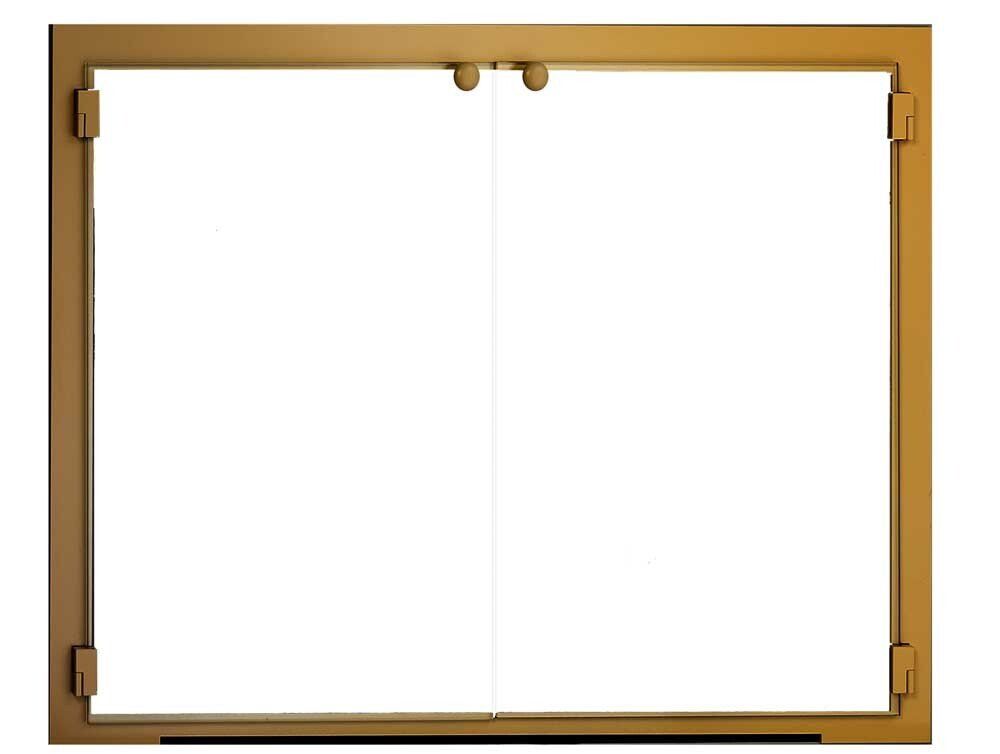 Gold-framed fireplace glass doors, two clear panels with hardware for opening.
