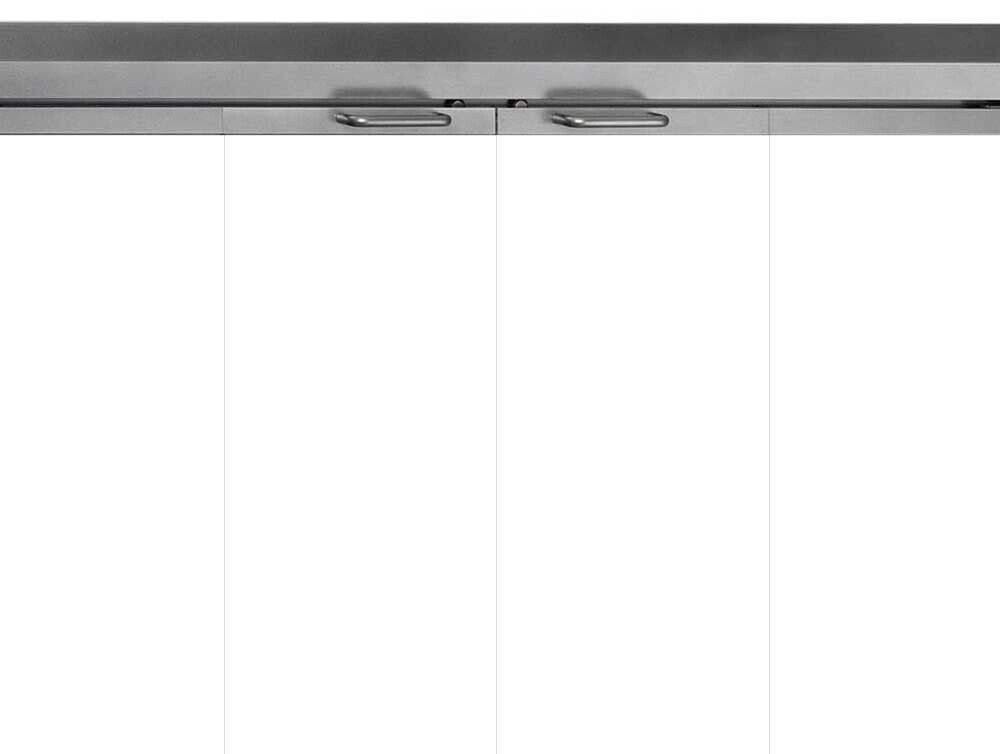 Stainless steel kitchen cabinet with two doors and handles.