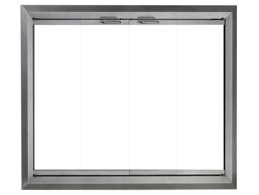 Stainless steel fireplace glass doors. Two hinged panels, reflective glass.