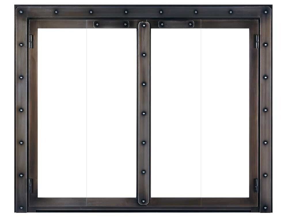 Fireplace doors with a dark, riveted metal frame and two clear glass panels.