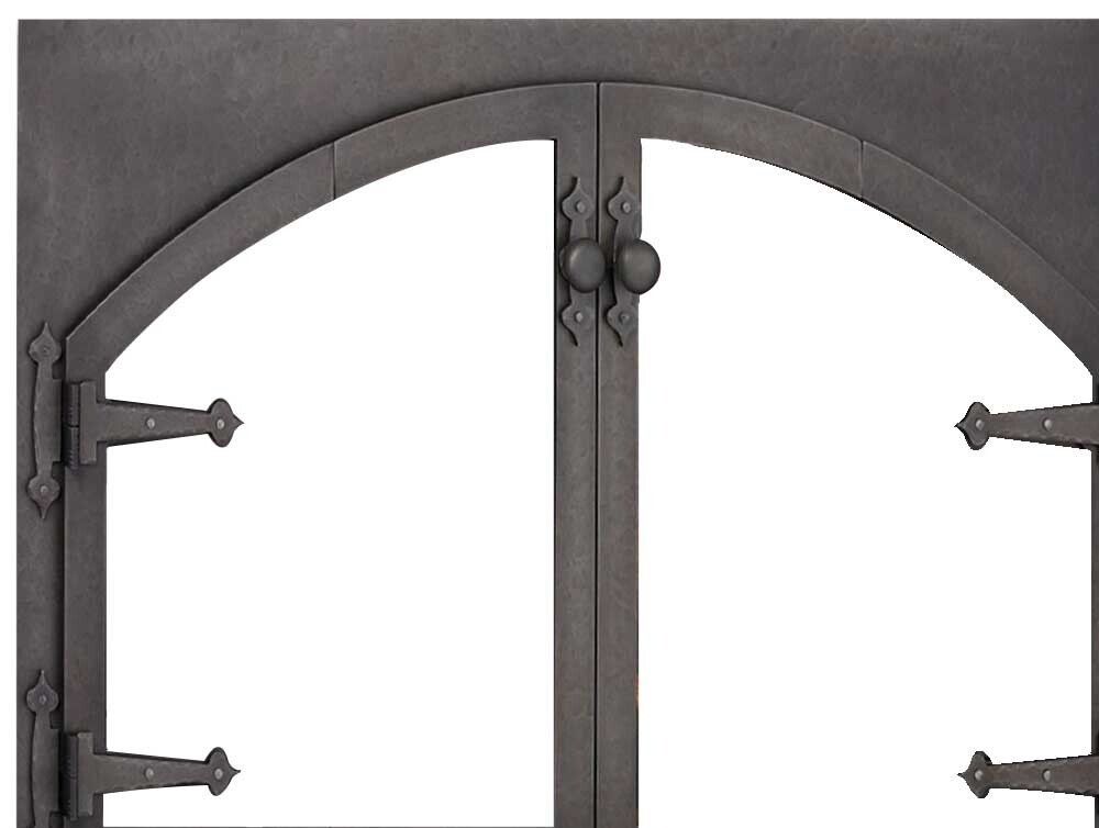 Black metal arched fireplace doors with clear glass panels.