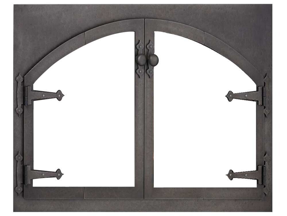 Black, arched, double-door fireplace screen with glass panels, hinges, and knobs.