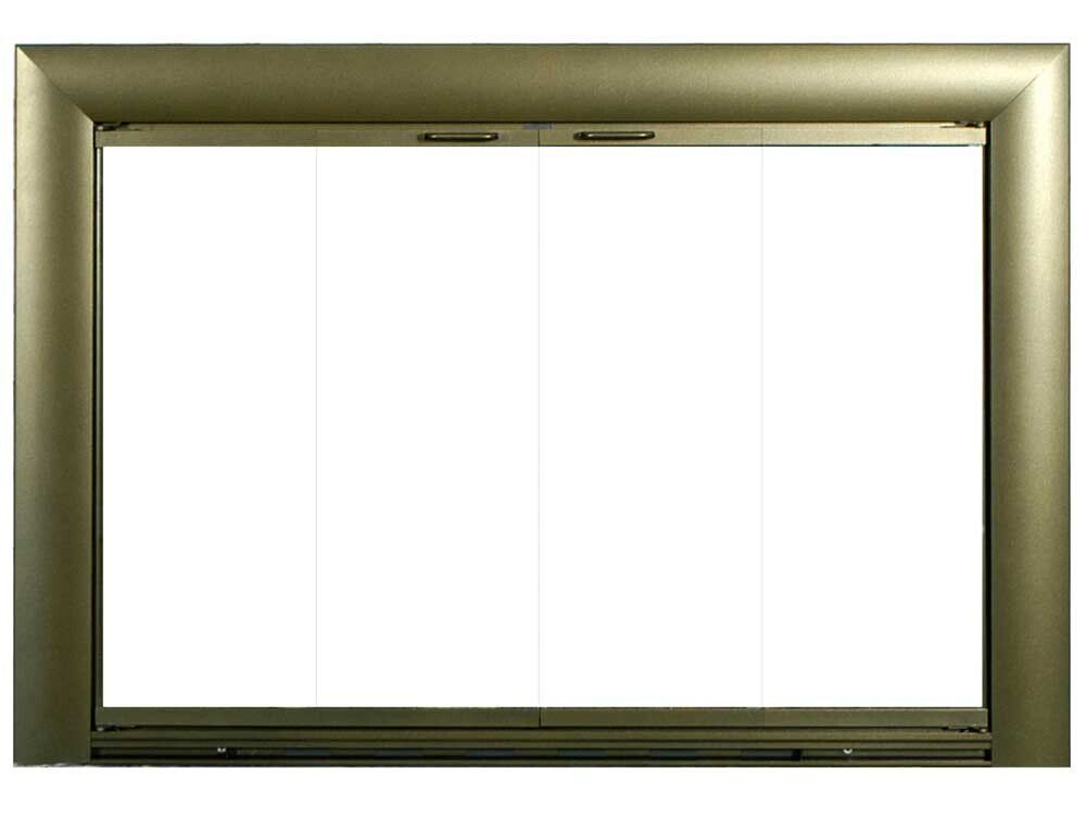 Gold-framed glass fireplace door, showing four glass panels, with a white interior.