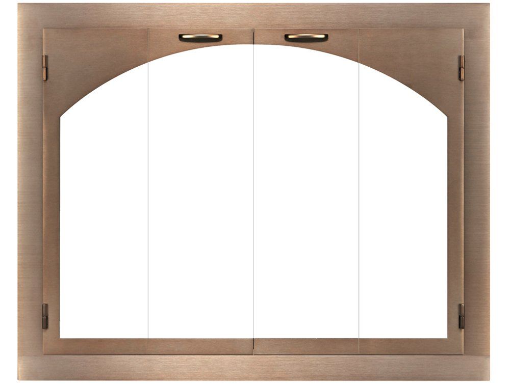 Fireplace glass door with arched top, light brown wood frame, brass handles and hinges, four glass panels.