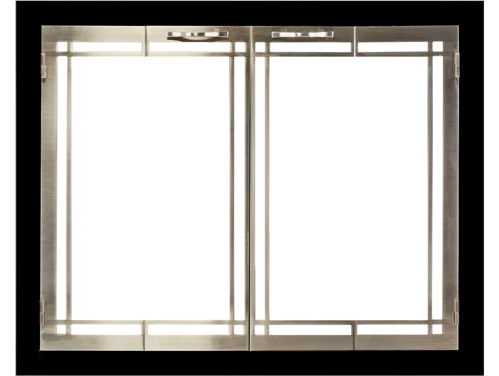 Stainless steel fireplace doors with rectangular frames and glass panels, set in a black frame.