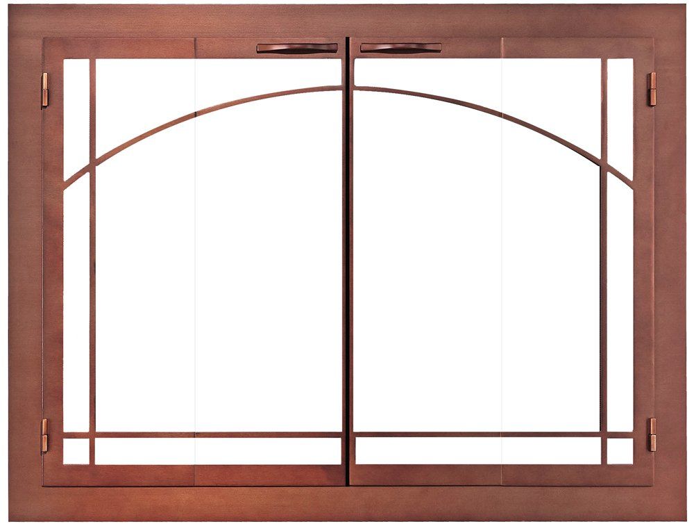 Bronze fireplace screen with arched glass panels and handle.
