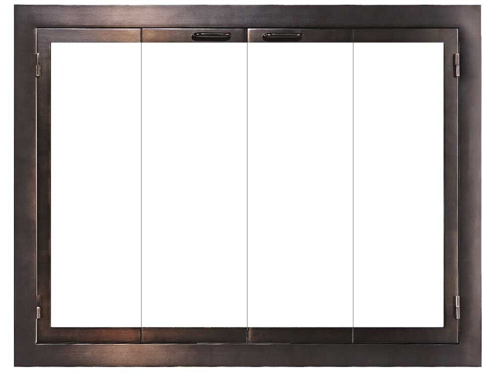 Bronze fireplace door with four glass panels.