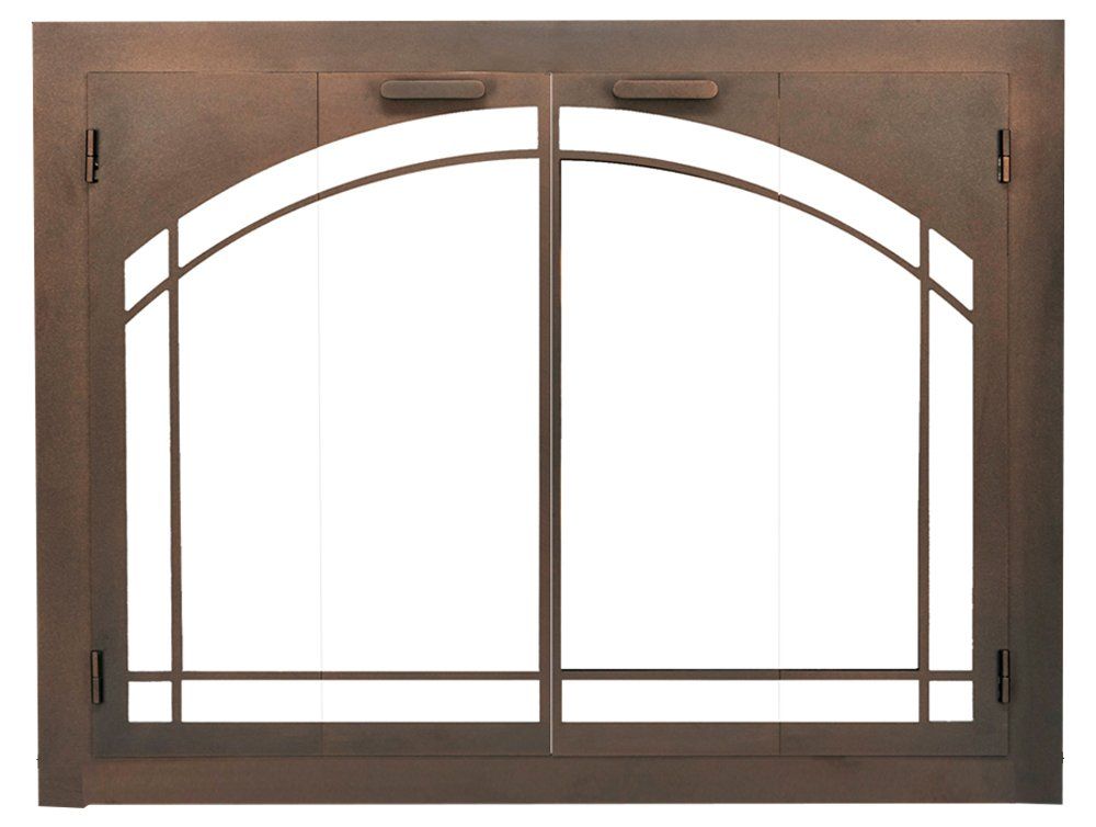 Bronze fireplace door with arched glass panels and horizontal accents.
