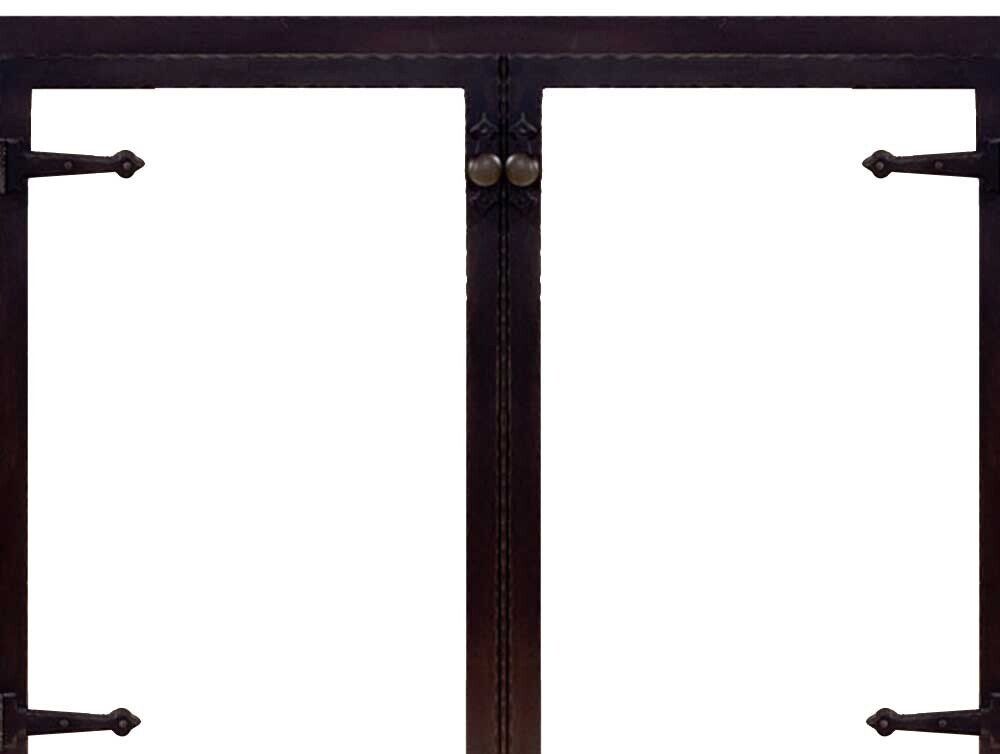 Dark brown framed, double-door fireplace screen with black hardware, open against a white background.
