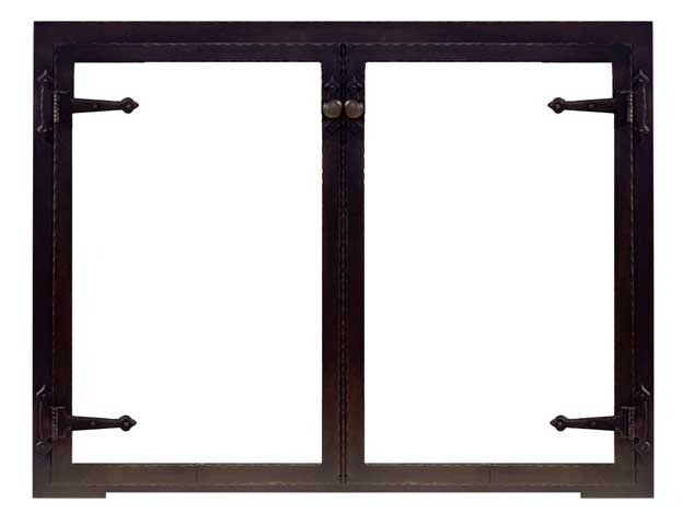 Dark brown iron fireplace screen with two clear glass doors, decorative hinges and handles.