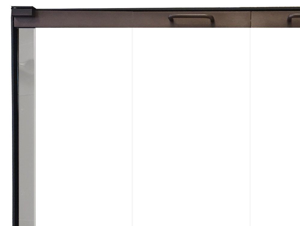 Sliding glass door, brown frame, black hardware, white interior.
