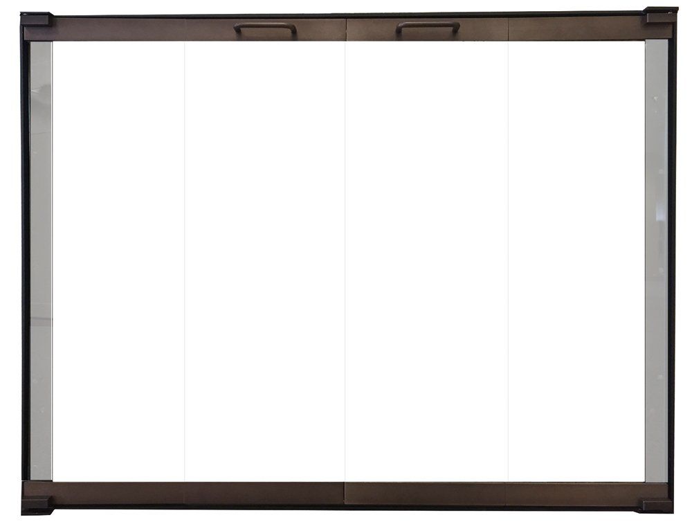 Framed glass fireplace screen, three panels, black frame.