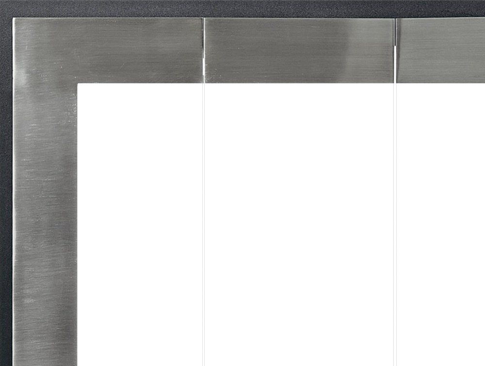Brushed metal frame with black trim, surrounding a white surface divided into three panels.