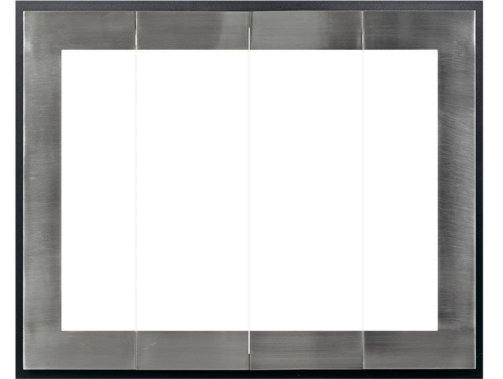 Metal-framed fireplace glass doors with four panels; brushed silver on black background.